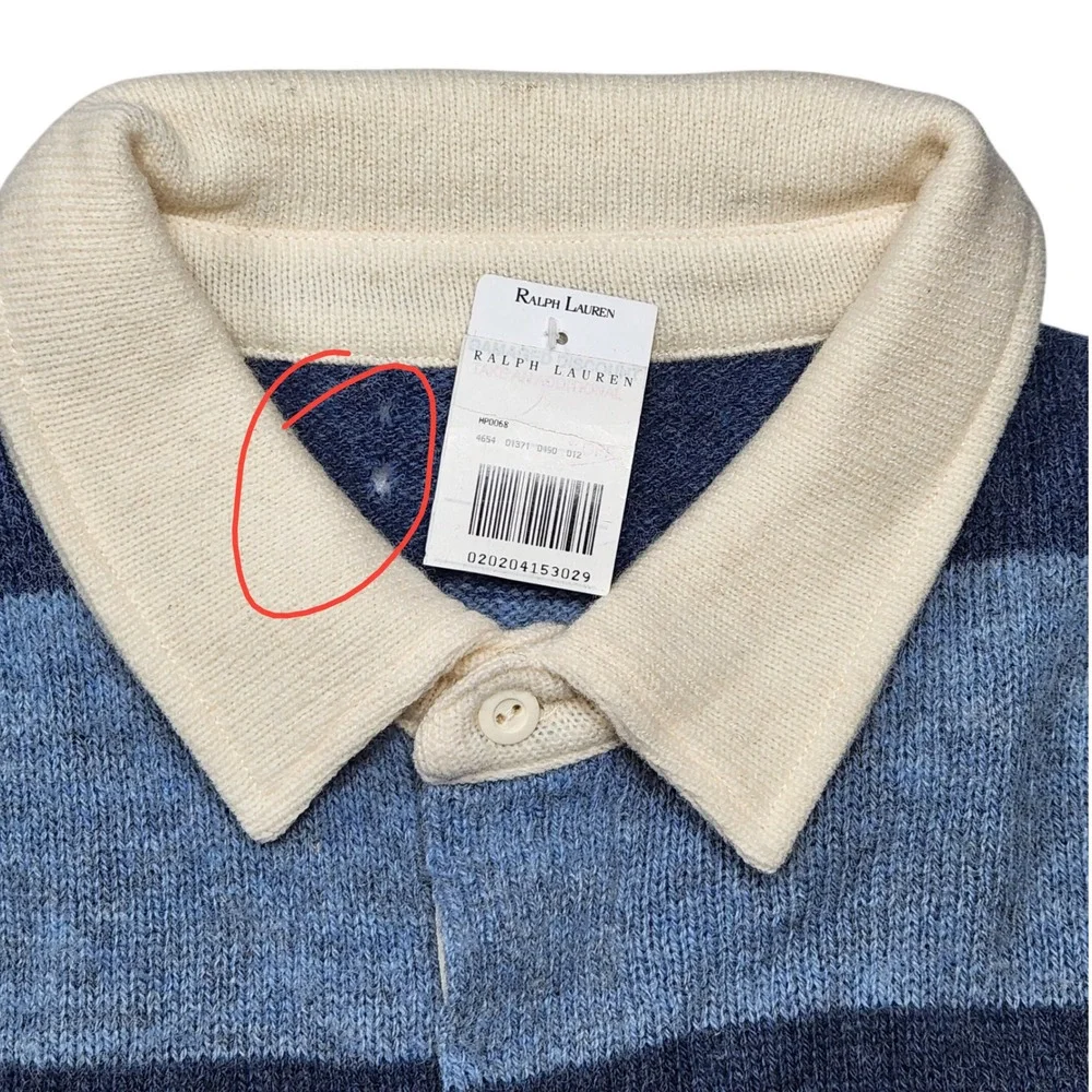 Ralph Lauren Rugby Stripe Sweater Cream Collar Blue Navy Mens XL RARE NWT‎ AS IS